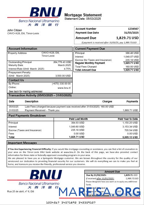 Printable Timor Leste BNU bank mortgage statement in Word and PDF formats sample